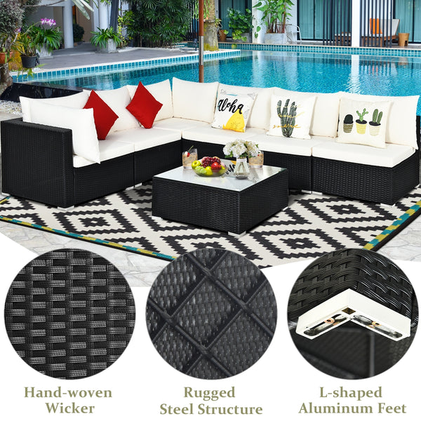 Free combination of sectional sofa as per your needs<br>Solid structure with L shape aluminum feet<br>Exquisite PE wicker frame adds unique charm<br>Comfortable sofa set with thick cushions and soft pillows<br>The cover of seat cushion is removable and wa