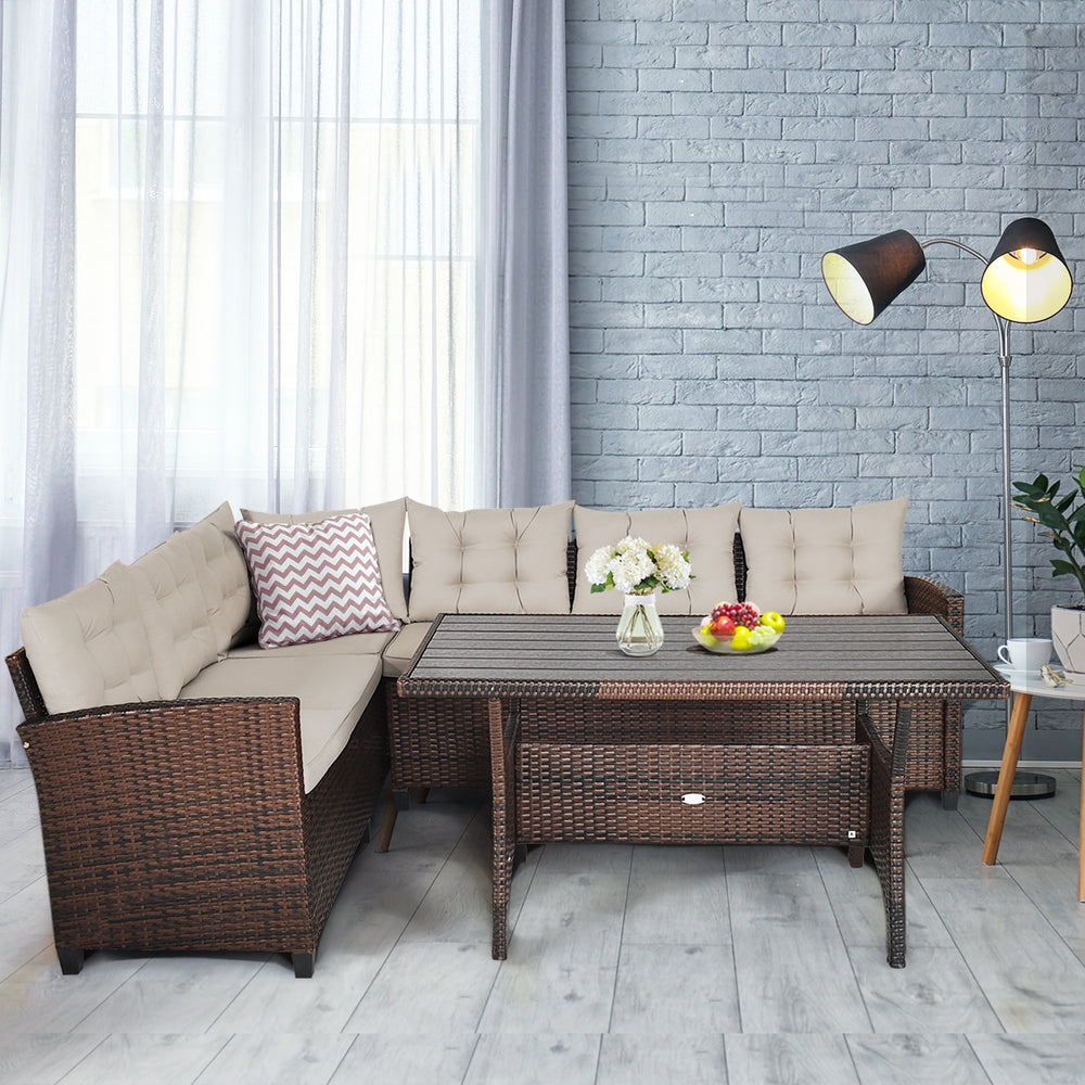 This sofa set provides you with the most comfortable casual experience! Â  The sturdy steel frame makes this set strong enough to be your long-term choice. Exquisite rattan with strong toughness will also give you a good touch. The soft sponge cushion can
