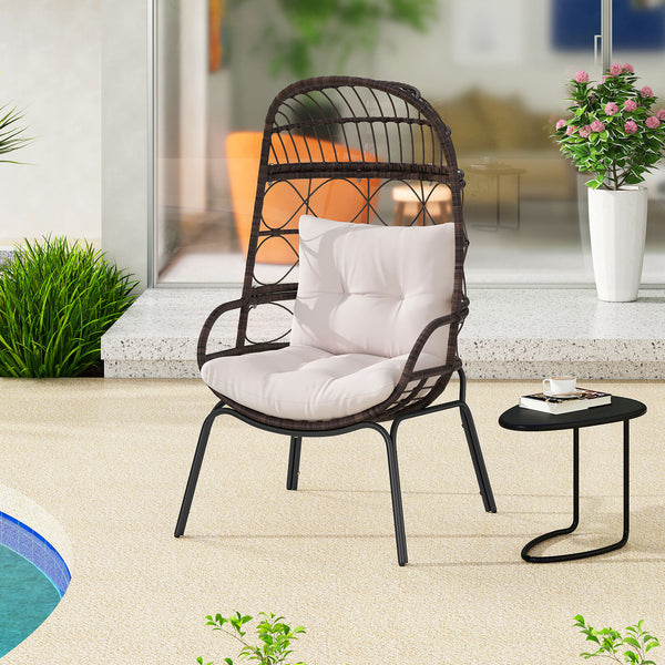 Well-woven PE rattan for long-lasting elegance<br>Ergonomic and large seat makes you more relaxed<br>Soft and elastic seat and back cushions bring more coziness<br>Heavy-duty metal frame offers strong support up to 400 lbs<br>Adjustable foot pads and firm