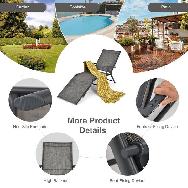 5 backrest angles and 2 footrest positions to meet various needs<br>Breathable and wearable seat fabric brings much comfort<br>Ergonomic design brings relaxation to your journey<br>Steel frame is not easy to rust and are of high durability<br>Stable trian