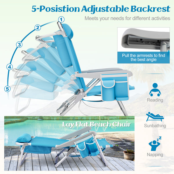 5-position adjustable backrest meets your needs for different activities<br>Easy to pull the armrests to find the best angle<br>Removable sponge-padded head pillow will offer optimal support for your head and neck<br>Built-in armrests allow you to enjoy a