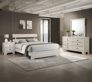 This bedroom collection embodies a rustic, yet contemporary aesthetic with its clean lines and neutral color palette. The set includes a low-profile bed frame, a dresser with a mirror, and a tall chest, all finished in a versatile white wash that easily c