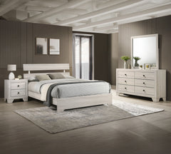 This bedroom collection embodies a rustic, yet contemporary aesthetic with its clean lines and neutral color palette. The set includes a low-profile bed frame, a dresser with a mirror, and a tall chest, all finished in a versatile white wash that easily c