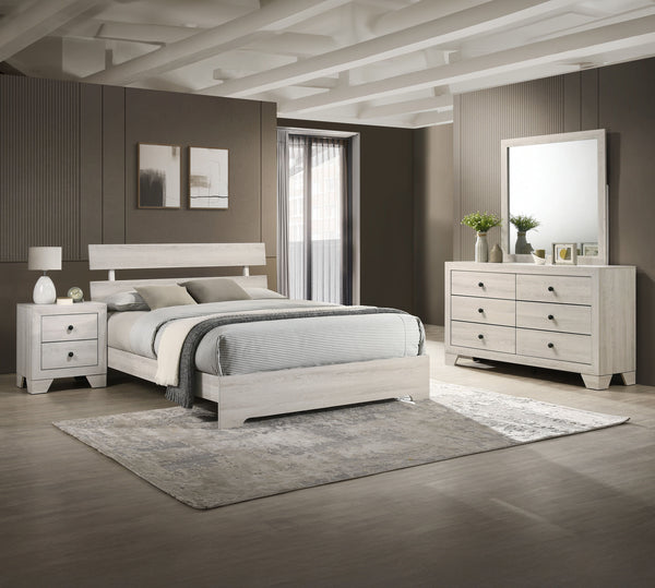 This bedroom collection embodies a rustic, yet contemporary aesthetic with its clean lines and neutral color palette. The set includes a low-profile bed frame, a dresser with a mirror, and a tall chest, all finished in a versatile white wash that easily c