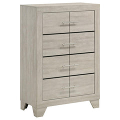This four-drawer chest offers a stylish combination of rustic charm and modern design, making it a perfect storage solution for contemporary bedrooms. Finished in a rustic cream with rough-sawn, white-washed engineered paper veneer, it has a warm, texture