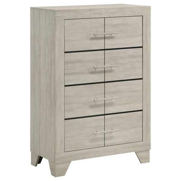 This four-drawer chest offers a stylish combination of rustic charm and modern design, making it a perfect storage solution for contemporary bedrooms. Finished in a rustic cream with rough-sawn, white-washed engineered paper veneer, it has a warm, texture