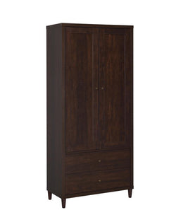 This impressive accent cabinet imparts an imposing presence to the home. At over six feet tall, it has the capacity to take on all storage needs. Two doors open up to ample space. Below are two deep drawers for additional storage of everything from sofa c