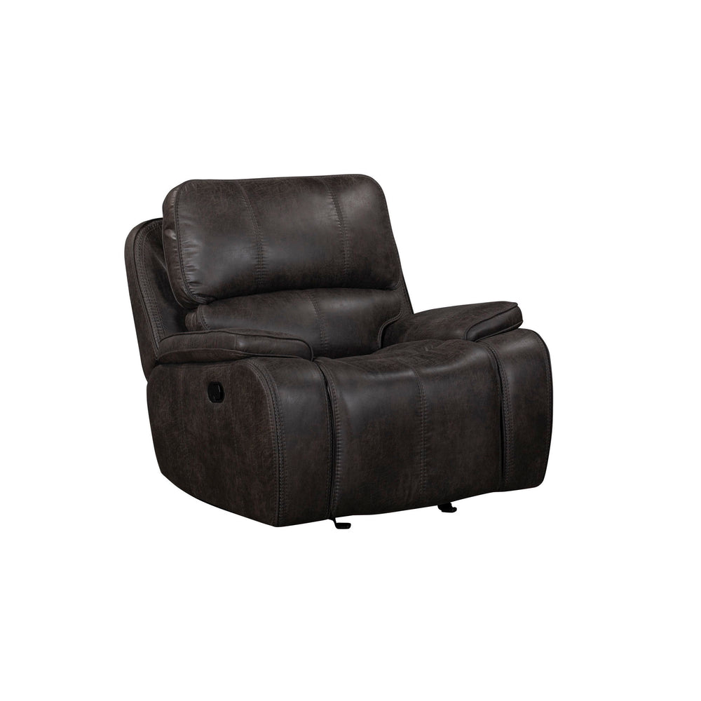 Unwind in style with the Brookings Glider Recliner in charcoal gray. Upholstered in a leather-look polyester/pu fabric, this recliner offers the rich appearance of real leather at a fraction of the cost. Tailored to perfection with pillowed arms and doubl