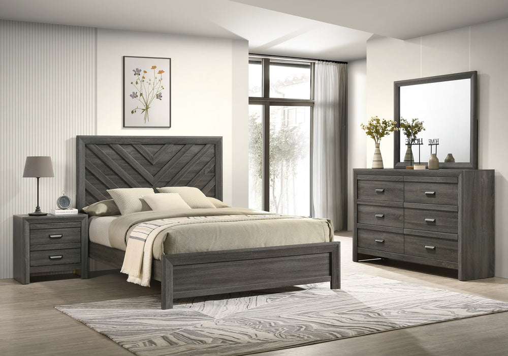 This bedroom collection encapsulates a blend of contemporary design and rustic charm. The centerpiece, a bed with a distinguished chevron patterned headboard, evokes a sense of craftsmanship and texture, infusing the space with character. Flanking the bed