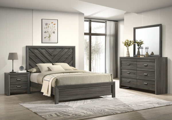 This bedroom collection encapsulates a blend of contemporary design and rustic charm. The centerpiece, a bed with a distinguished chevron patterned headboard, evokes a sense of craftsmanship and texture, infusing the space with character. Flanking the bed