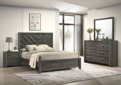 This bedroom collection encapsulates a blend of contemporary design and rustic charm. The centerpiece, a bed with a distinguished chevron patterned headboard, evokes a sense of craftsmanship and texture, infusing the space with character. Flanking the bed
