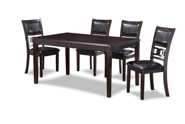 The New Classic Gia 5-Piece Wood Rectangle Dining Set is crafted from solid Rubberwood and Mindi veneers for a perfect blend of durability and aesthetic appeal. The dark ebony finish, achieved through a meticulous multistep process and clear coat, accentu