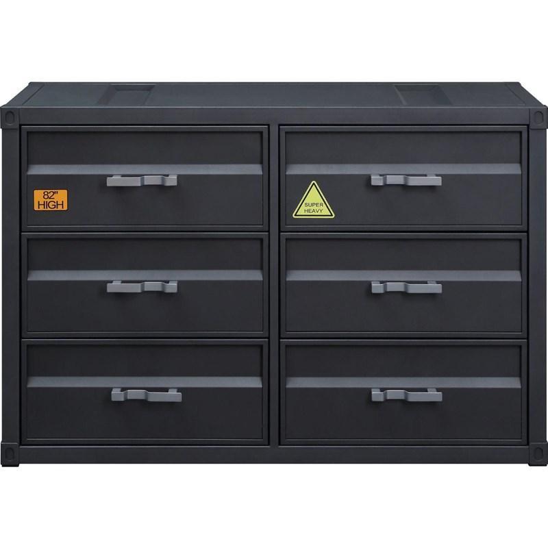 Bold industrial accents exude a funky New York loft vibe that makes an immediate impact to your space. The Cargo Dresser embodies true industrial design with warehouse style. It features a unique shipping container appearance, with gunmetal finish enhanci