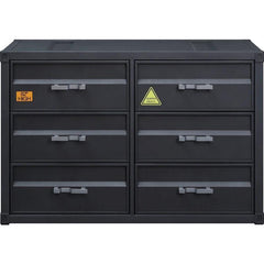 Bold industrial accents exude a funky New York loft vibe that makes an immediate impact to your space. The Cargo Dresser embodies true industrial design with warehouse style. It features a unique shipping container appearance, with gunmetal finish enhanci