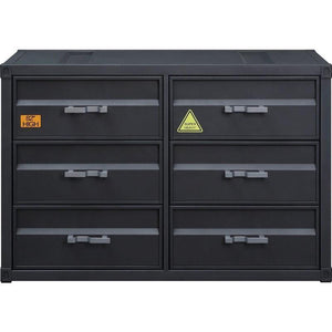 Bold industrial accents exude a funky New York loft vibe that makes an immediate impact to your space. The Cargo Dresser embodies true industrial design with warehouse style. It features a unique shipping container appearance, with gunmetal finish enhanci