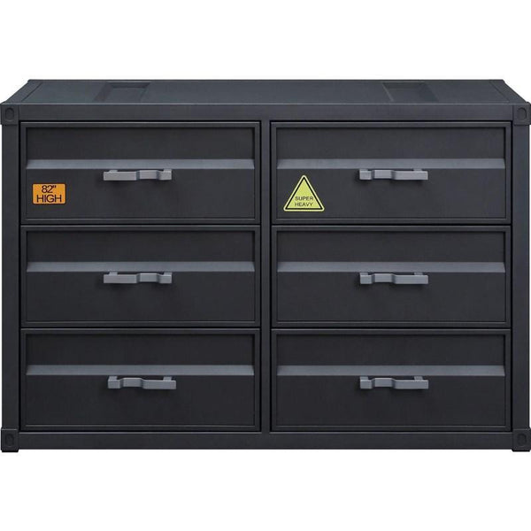 Bold industrial accents exude a funky New York loft vibe that makes an immediate impact to your space. The Cargo Dresser embodies true industrial design with warehouse style. It features a unique shipping container appearance, with gunmetal finish enhanci