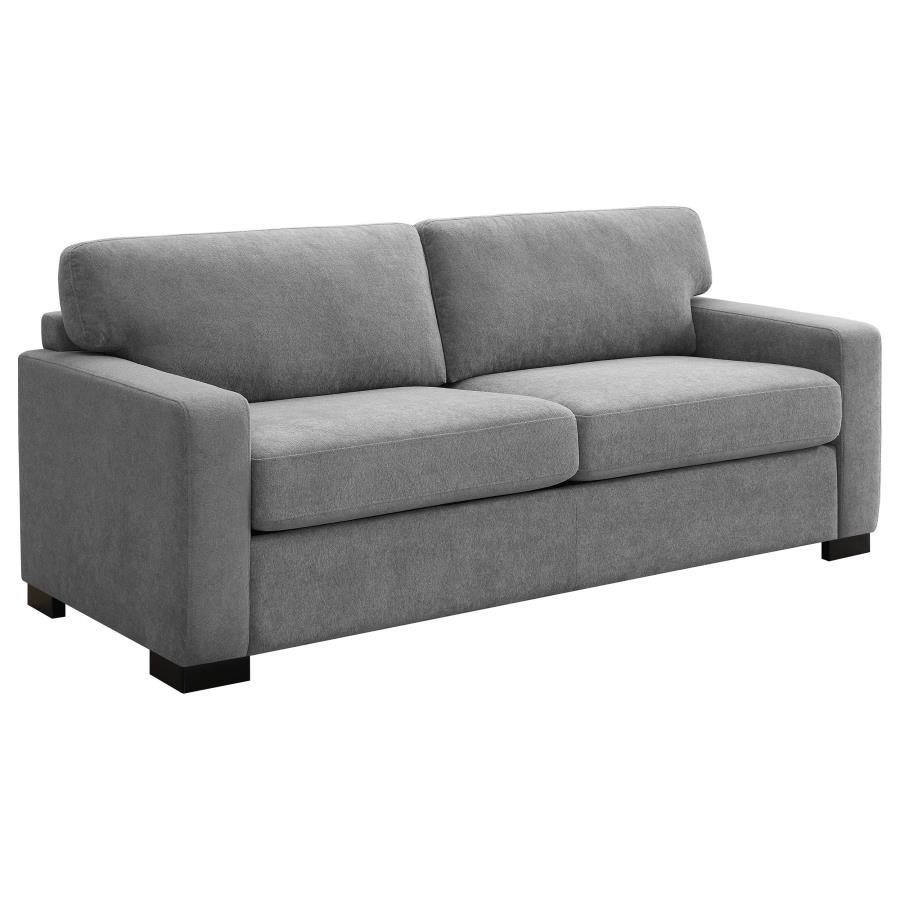 Center your stylish living space on a contemporary sleeper sofa. In light grey upholstery with a soft look and feel, it creates an inviting focal point while offering both daily seating and overnight accommodation. It features plush seating with spring su