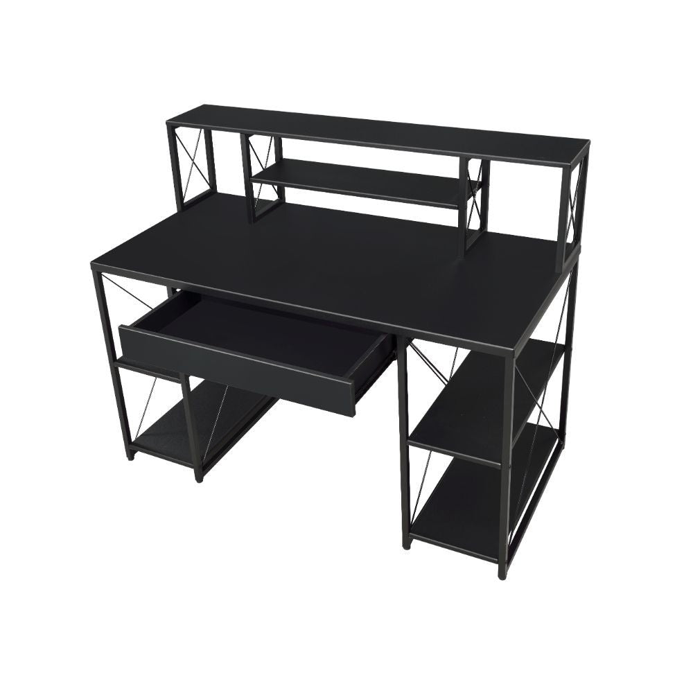Specifically designed for all purpose, this Amiel Music Recording Studio Desk is suitable for study room, bedroom, living room or home office. Expertly crafted with selected veneers, manufactured wood, and metal tube, this piece has open shelving, hutch a