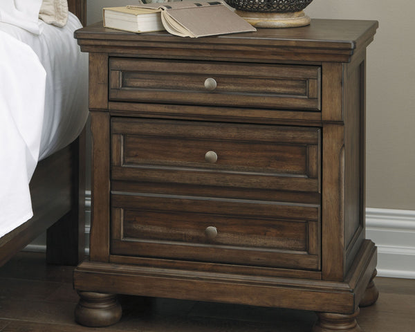  new take on traditional style. This nightstand meets todayâ€™s design tastes with beauty and grace. Its tobacco brown finish allows the natural grain of the acacia veneers to show through in an organic way. Aged brass-tone knobs dress the fronts 