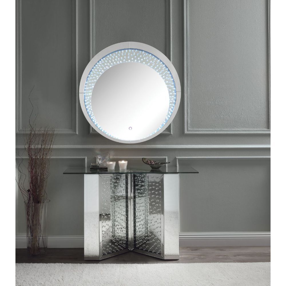 KD, Rectangular Console Table NO Storage Features: Glass Top, Mirrored -"V-" Shape Base w/Faux Crystals & Clear Glass CONSTRUCTION Glass Top Mirrored -"V-" Shape Base: 4mm Beveled Mirror, MDF, Faux Crystals, 4mm Clear Tempered Glass<br/><br/><b>Product Fe