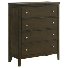 This four-drawer chest offers a perfect blend of function and style with its deep drawers and sleek design. The dark cocoa finish highlights the chestâ€™s vertical details, bringing warmth and sophistication to your space. Brushed nickel hardware provides
