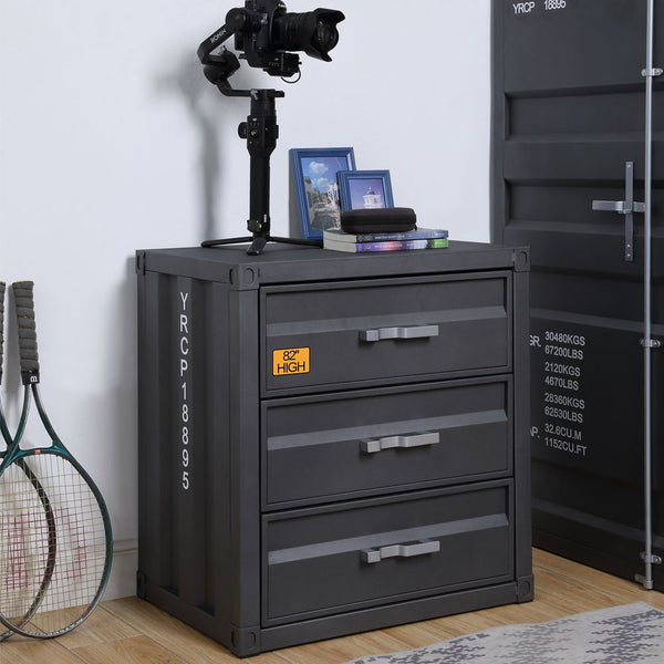 Bold industrial accents exude a funky New York loft vibe that makes an immediate impact to your space. The Cargo Dresser embodies true industrial design with warehouse style. It features a unique shipping container appearance, with gunmetal finish enhanci