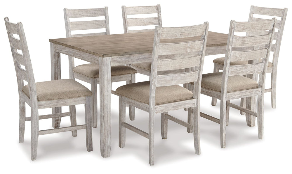 Set the scene for coastal chic or modern farmhouse living with this dining room table set. Clean-lined, simply striking table doubles the charm with a brown tone top with plank effect, paired with a grayish white base with rub through effect for timeworn 