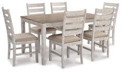 Set the scene for coastal chic or modern farmhouse living with this dining room table set. Clean-lined, simply striking table doubles the charm with a brown tone top with plank effect, paired with a grayish white base with rub through effect for timeworn 
