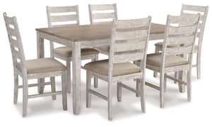 Set the scene for coastal chic or modern farmhouse living with this dining room table set. Clean-lined, simply striking table doubles the charm with a brown tone top with plank effect, paired with a grayish white base with rub through effect for timeworn 