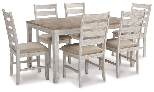 Set the scene for coastal chic or modern farmhouse living with this dining room table set. Clean-lined, simply striking table doubles the charm with a brown tone top with plank effect, paired with a grayish white base with rub through effect for timeworn 