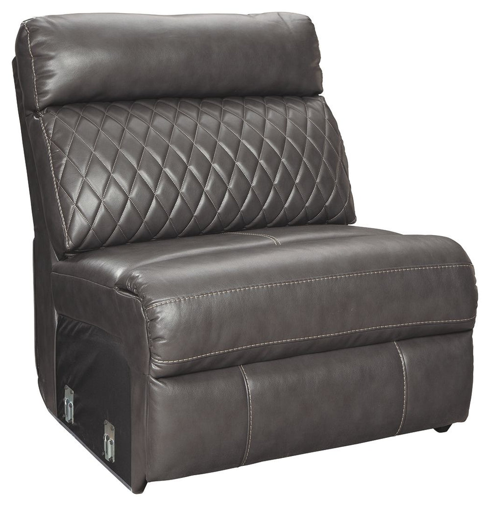This armless chair is made with faux leather upholstery. Pairs with other items in the series to make a sectional.<br><br><b>Additional Dimensions</b><br><ul><li>Minimum width of doorway for delivery: 32-"</li><li>Seat depth: 21-"</li><li>Seat height: 21-