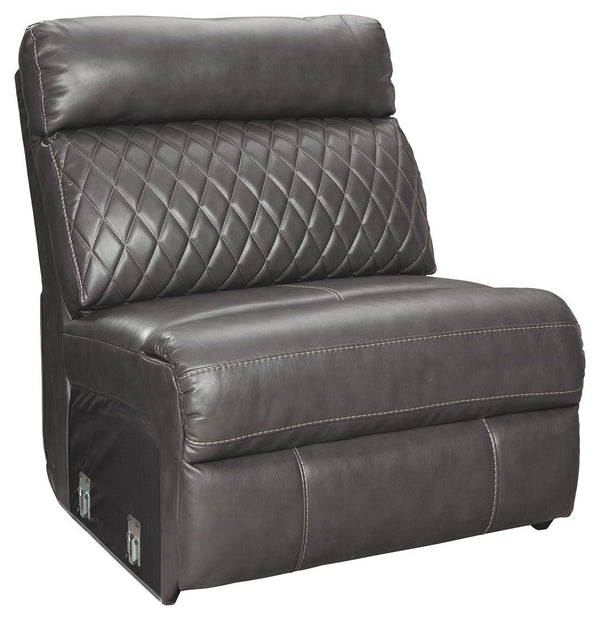 This armless chair is made with faux leather upholstery. Pairs with other items in the series to make a sectional.<br><br><b>Additional Dimensions</b><br><ul><li>Minimum width of doorway for delivery: 32-"</li><li>Seat depth: 21-"</li><li>Seat height: 21-