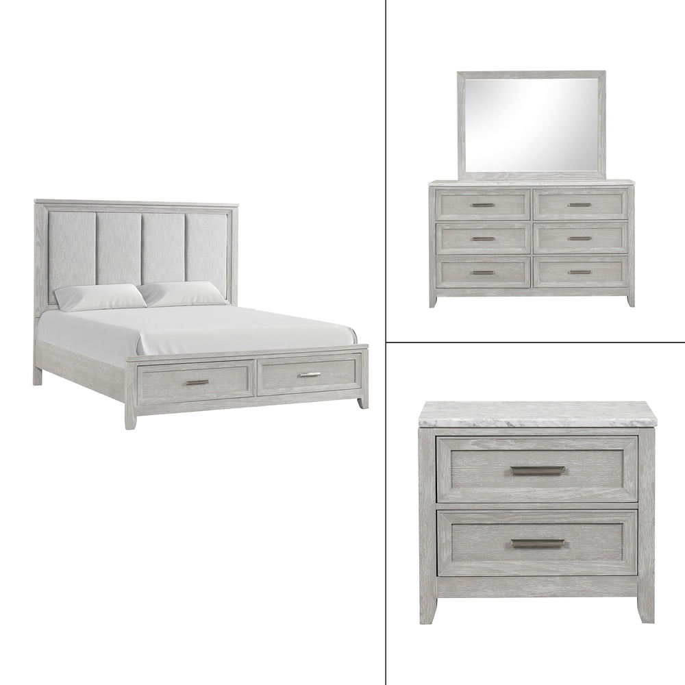 The Fiona 4 Piece Bedroom Set features a storage bed with a plush upholstered headboard, designed for ultimate comfort and convenience. The bed is complemented by a 6-drawer dresser and a 2-drawer nightstand, all exhibiting a harmonious blend of Acacia so