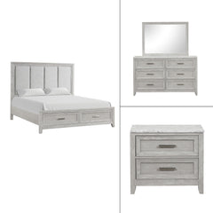 The Fiona 4 Piece Bedroom Set features a storage bed with a plush upholstered headboard, designed for ultimate comfort and convenience. The bed is complemented by a 6-drawer dresser and a 2-drawer nightstand, all exhibiting a harmonious blend of Acacia so