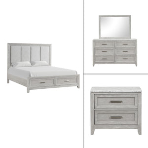 The Fiona 4 Piece Bedroom Set features a storage bed with a plush upholstered headboard, designed for ultimate comfort and convenience. The bed is complemented by a 6-drawer dresser and a 2-drawer nightstand, all exhibiting a harmonious blend of Acacia so