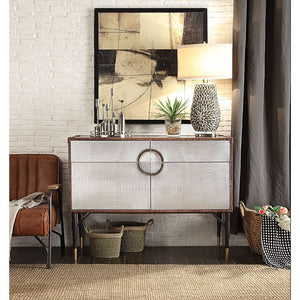  the Brancaster console table is inspired by mid-20th-century air travel. This unique console piece features ample storage with two drawers and cabinet space with two doors