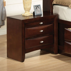 The Ireland nightstand in espresso finish keep essentials close by with 2 storage drawers and 1 pull-out tray. Pull out tray offers you additional surface area. Drawer fronts are beveled and all drawers have English dovetail with center metal glides. Comp