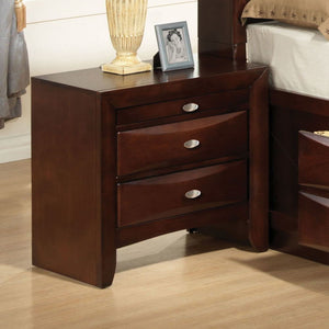 The Ireland nightstand in espresso finish keep essentials close by with 2 storage drawers and 1 pull-out tray. Pull out tray offers you additional surface area. Drawer fronts are beveled and all drawers have English dovetail with center metal glides. Comp