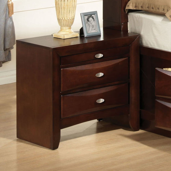 The Ireland nightstand in espresso finish keep essentials close by with 2 storage drawers and 1 pull-out tray. Pull out tray offers you additional surface area. Drawer fronts are beveled and all drawers have English dovetail with center metal glides. Comp