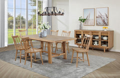This refined dining set pairs timeless craftsmanship with a modern touch for a stylish and functional space. The extension dining table features a removable 16-inch leaf, expanding from 60 to 76 inches to accommodate various gatherings. Solid mahogany, en