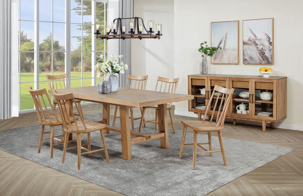 This refined dining set pairs timeless craftsmanship with a modern touch for a stylish and functional space. The extension dining table features a removable 16-inch leaf, expanding from 60 to 76 inches to accommodate various gatherings. Solid mahogany, en