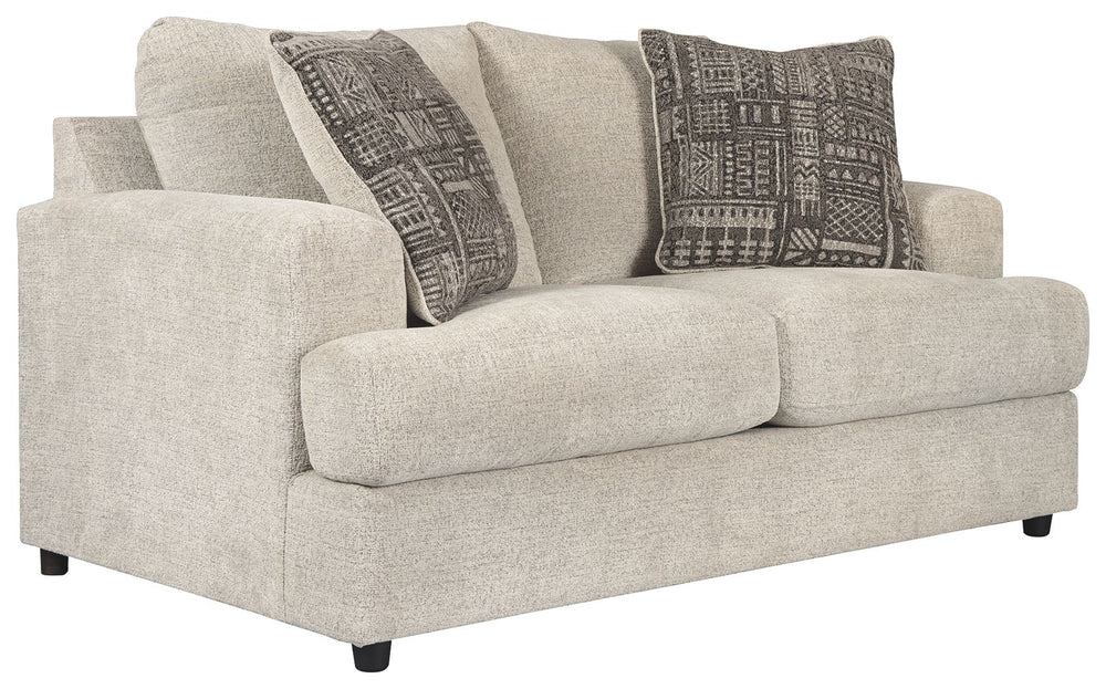 Flaunting a trendsetting silhouette, this loveseat puts the contemporary in your contemporary home. Its â€œthree over twoâ€ profile eliminates the center seat cushion, giving you elongated plushness and deep seating. And the chunky chenille fabric satisf