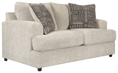 Flaunting a trendsetting silhouette, this loveseat puts the contemporary in your contemporary home. Its â€œthree over twoâ€ profile eliminates the center seat cushion, giving you elongated plushness and deep seating. And the chunky chenille fabric satisf