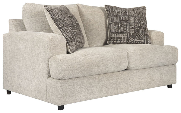 Flaunting a trendsetting silhouette, this loveseat puts the contemporary in your contemporary home. Its â€œthree over twoâ€ profile eliminates the center seat cushion, giving you elongated plushness and deep seating. And the chunky chenille fabric satisf
