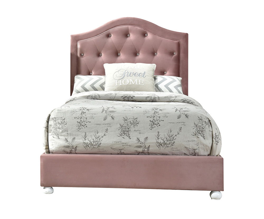 The Reggie youth bedroom set in pink fabric is full of character! Every piece in this glamorous collection features crystal-like button tuft details and cute wooden-bun legs in a crisp white finish. The panel bed features an arched headboard with a gentle