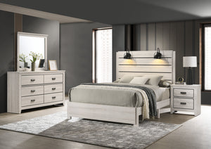 This bedroom set marries rustic appeal with contemporary lines, offering a cozy yet refined aesthetic to any modern home. The set features a generously sized bed with a broad, planked headboard with integrated sconces, creating an inviting ambiance. Flank