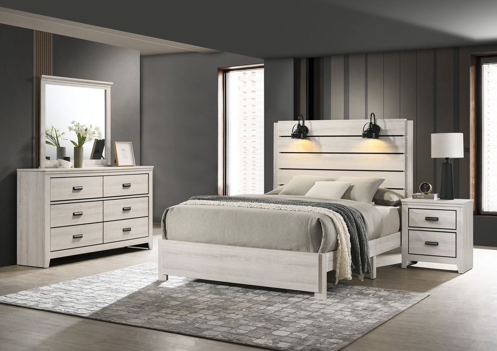 This bedroom set marries rustic appeal with contemporary lines, offering a cozy yet refined aesthetic to any modern home. The set features a generously sized bed with a broad, planked headboard with integrated sconces, creating an inviting ambiance. Flank