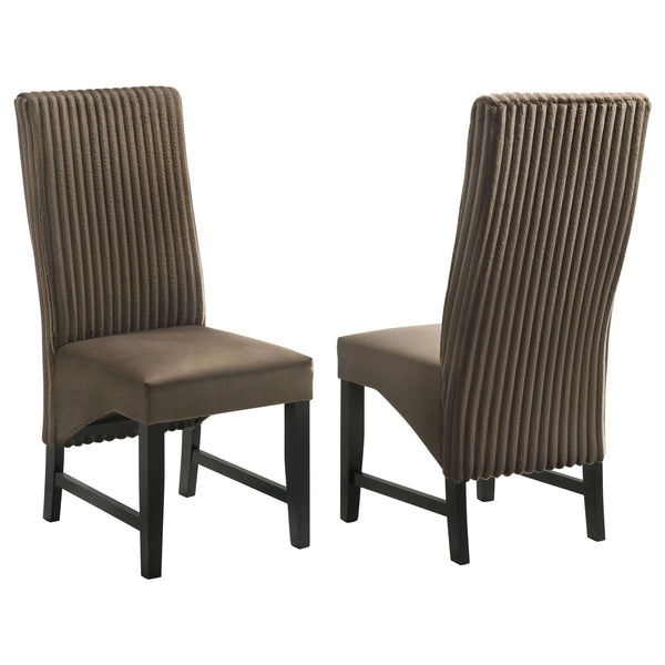 Elevate your dining space with these sophisticated dining chairs, blending textures and luxurious fabrics for a modern, elegant look. The seat back features wide channel corduroy upholstery, adding rich texture and a stylish visual contrast. The seat itse