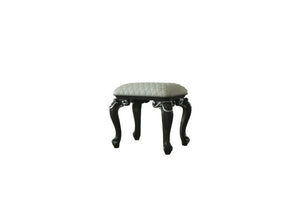 Both decorative and versatile, this delicate stool has a soft seat and elelgant scrolled legs. The mature grey finish all over the wooden frame perfectly coordinates with the clean, white upholstery. Getting extra seating while adding a little classic cha
