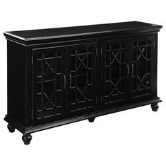 Add a touch of allure to the home with this lovely accent cabinet. It-'s crafted with decorative lattice overlay on each of the four cabinet doors for an enchanting appearance. Each door opens up to inside shelving to accommodate your storage needs. The c